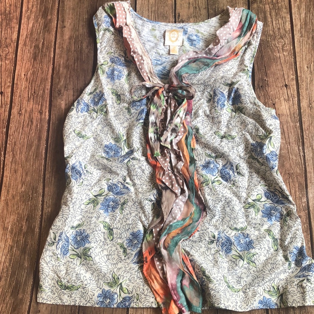 Anthropologie Silk Ric Rac Sleeveless Blouse with Multi-Ruffle Detail Sz L
